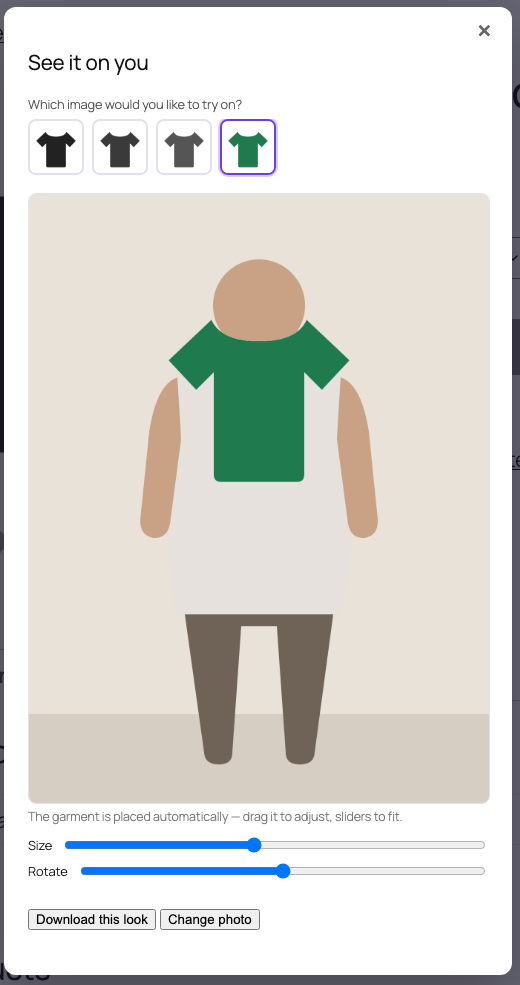 The same shopper photo with a different colourway selected